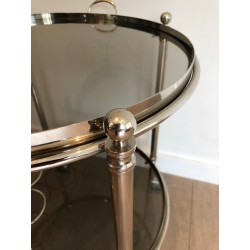 Round Silver Plated Metal Drinks Trolley with Smoked Glass Trays, French Work, Circa 1970