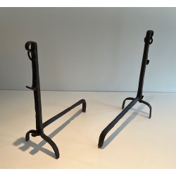 Pair of Wrought Iron Landiers with Ratchet Rack, Fine French Ironwork, 18th Century
