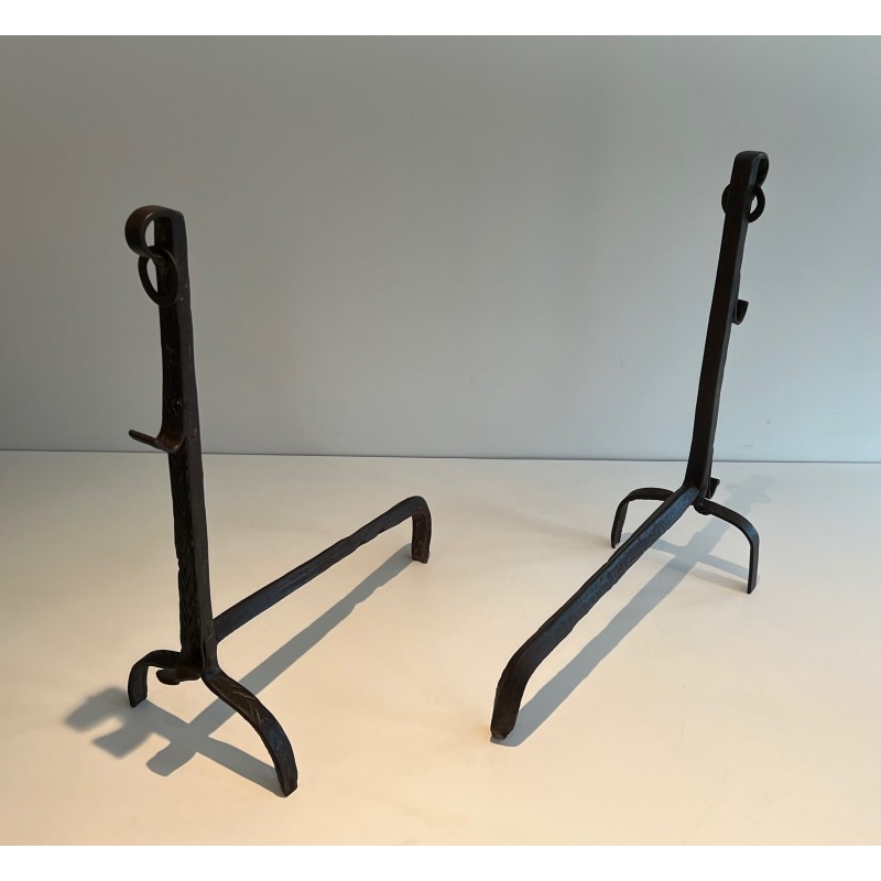 Pair of Wrought Iron Landiers with Ratchet Rack, Fine French Ironwork, 18th Century