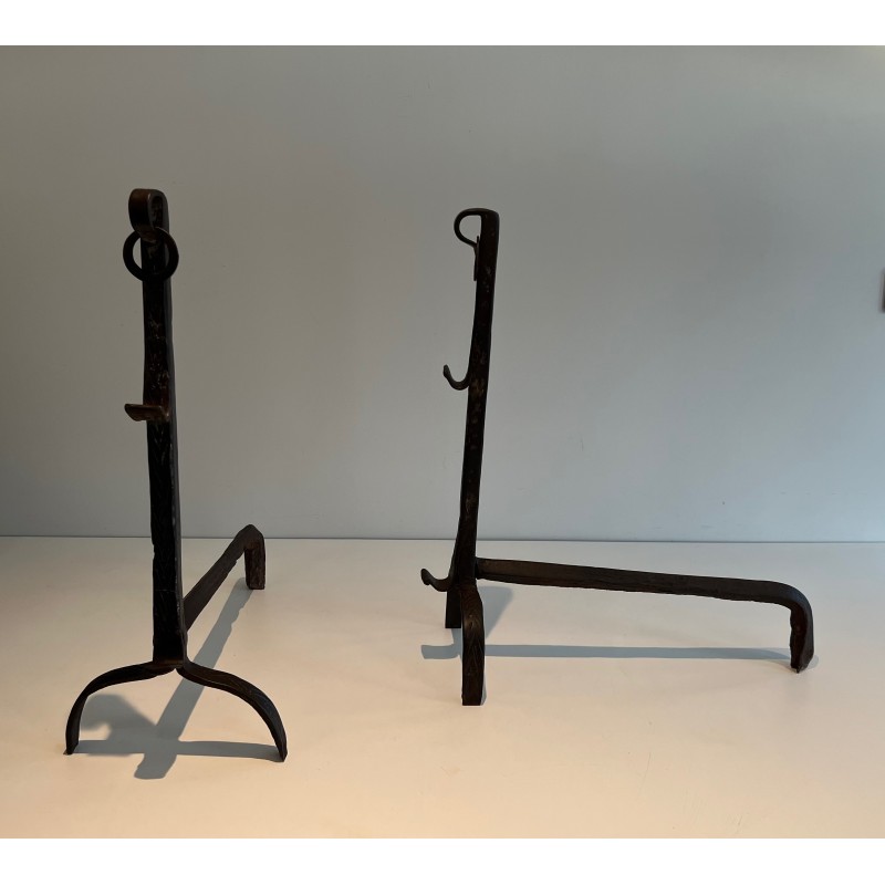 Pair of Wrought Iron Landiers with Ratchet Rack, Fine French Ironwork, 18th Century