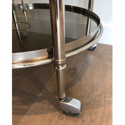 Round Silver Plated Metal Drinks Trolley with Smoked Glass Trays, French Work, Circa 1970