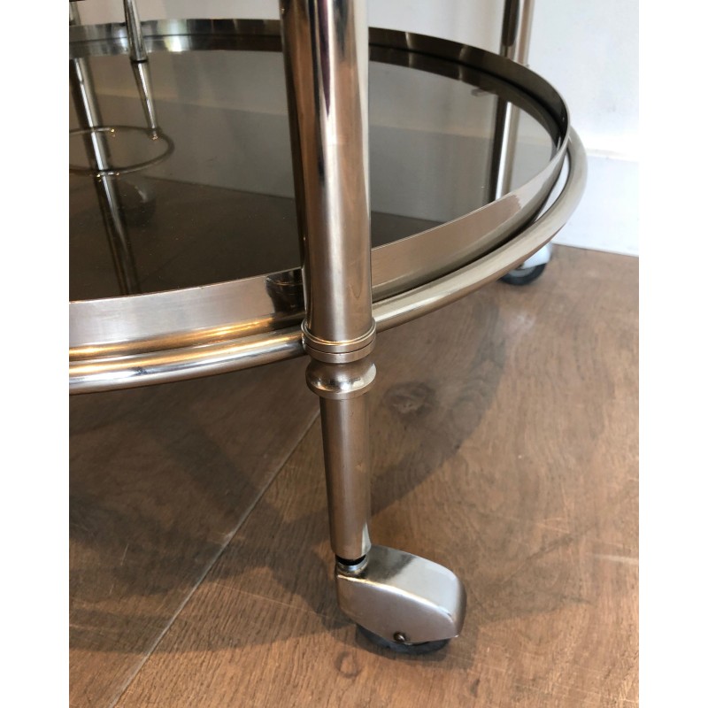 Table Roulante Ronde en Métal Argenté à Plateaux de Verre Fumé, Travail Français, Vers 1970