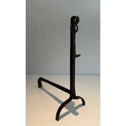 Pair of Wrought Iron Landiers with Ratchet Rack, Fine French Ironwork, 18th Century