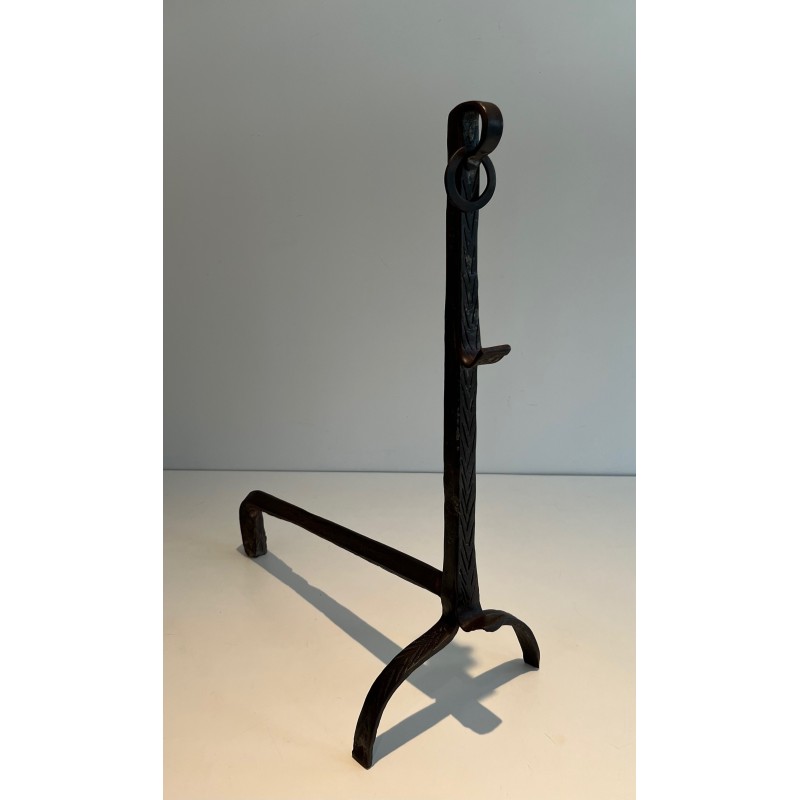 Pair of Wrought Iron Landiers with Ratchet Rack, Fine French Ironwork, 18th Century