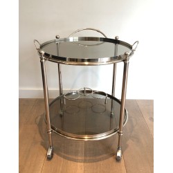 Round Silver Plated Metal Drinks Trolley with Smoked Glass Trays, French Work, Circa 1970