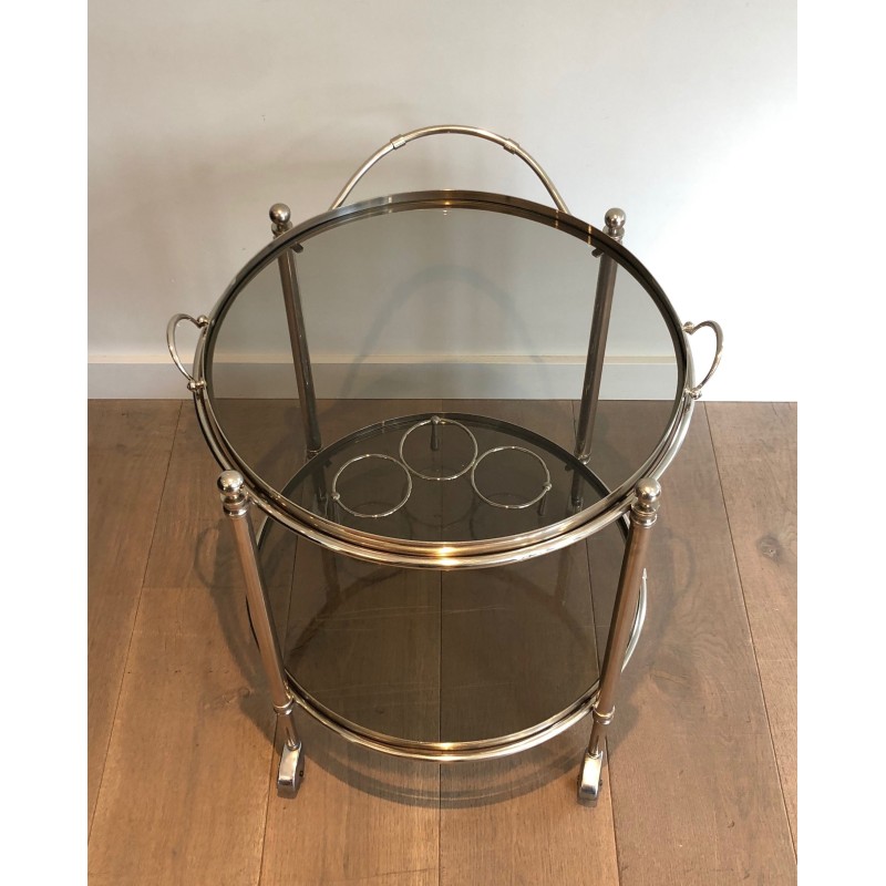 Round Silver Plated Metal Drinks Trolley with Smoked Glass Trays, French Work, Circa 1970