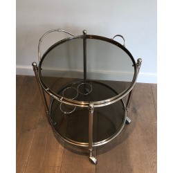 Round Silver Plated Metal Drinks Trolley with Smoked Glass Trays, French Work, Circa 1970