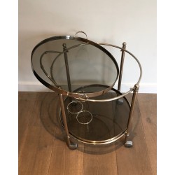 Round Silver Plated Metal Drinks Trolley with Smoked Glass Trays, French Work, Circa 1970