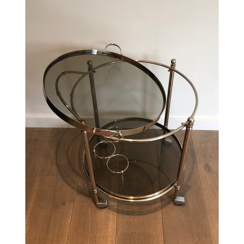 Round Silver Plated Metal Drinks Trolley with Smoked Glass Trays, French Work, Circa 1970