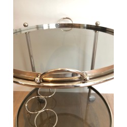 Round Silver Plated Metal Drinks Trolley with Smoked Glass Trays, French Work, Circa 1970