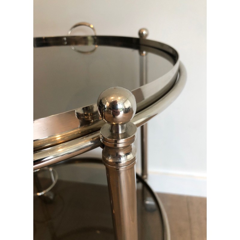Round Silver Plated Metal Drinks Trolley with Smoked Glass Trays, French Work, Circa 1970