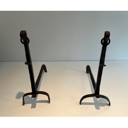 Pair of Wrought Iron Landiers with Ratchet Rack, Fine French Ironwork, 18th Century