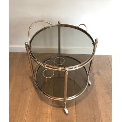 Round Silver Plated Metal Drinks Trolley with Smoked Glass Trays, French Work, Circa 1970