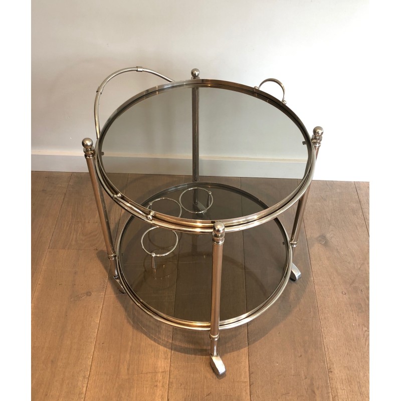 Round Silver Plated Metal Drinks Trolley with Smoked Glass Trays, French Work, Circa 1970