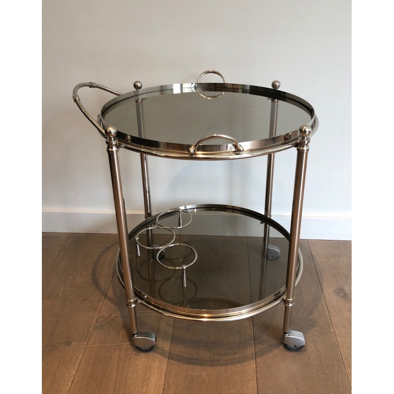 Round Silver Plated Metal Drinks Trolley with Smoked Glass Trays, French Work, Circa 1970