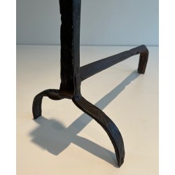 Pair of Wrought Iron Landiers with Ratchet Rack, Fine French Ironwork, 18th Century