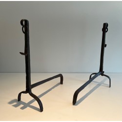 Pair of Wrought Iron Landiers with Ratchet Rack, Fine French Ironwork, 18th Century