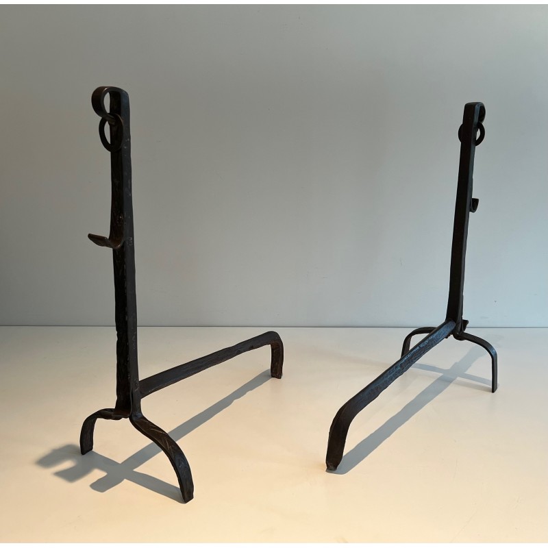 Pair of Wrought Iron Landiers with Ratchet Rack, Fine French Ironwork, 18th Century