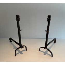 Pair of Wrought Iron Landiers with Ratchet Rack, Fine French Ironwork, 18th Century