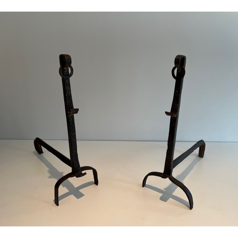Pair of Wrought Iron Landiers with Ratchet Rack, Fine French Ironwork, 18th Century