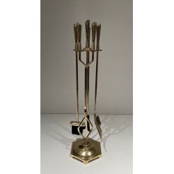 Modernist Brass Fireplace Tools Set, French Work, Circa 1970