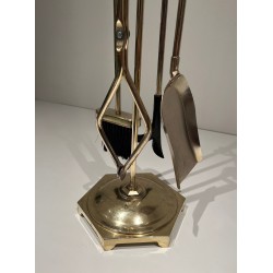 Modernist Brass Fireplace Tools Set, French Work, Circa 1970