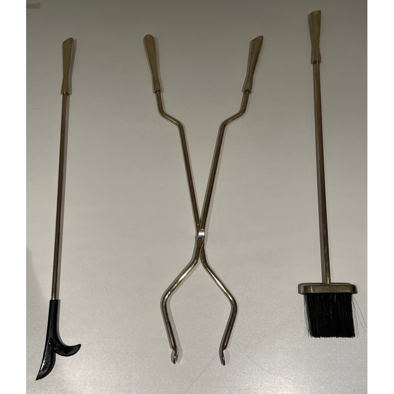 Modernist Brass Fireplace Tools Set, French Work, Circa 1970