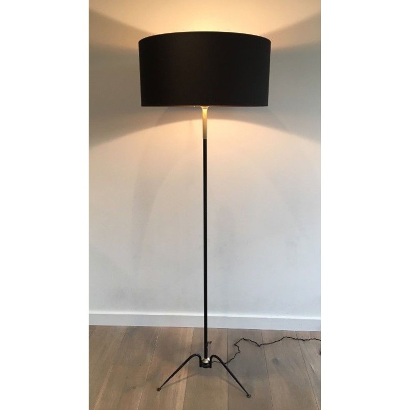 Lampadaire en Métal Laqué Noir et Laiton, Travail Français, vers 1950 | Maison BARROIS