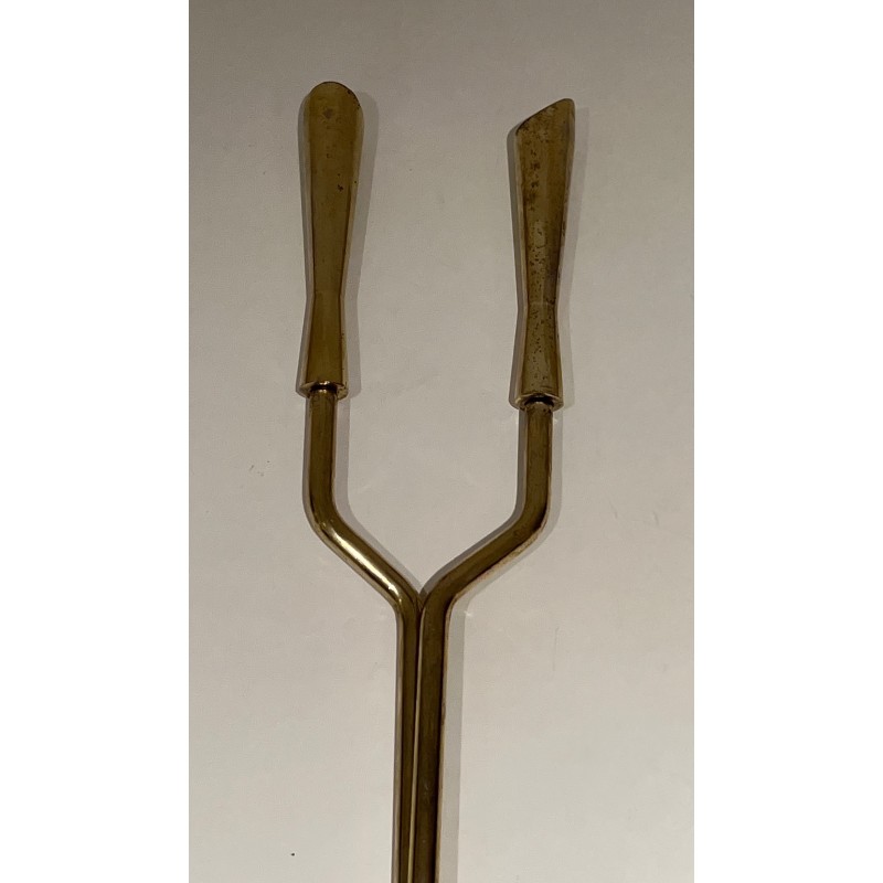 Modernist Brass Fireplace Tools Set, French Work, Circa 1970