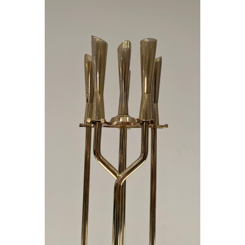 Modernist Brass Fireplace Tools Set, French Work, Circa 1970