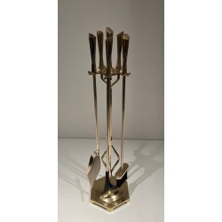 Modernist Brass Fireplace Tools Set, French Work, Circa 1970
