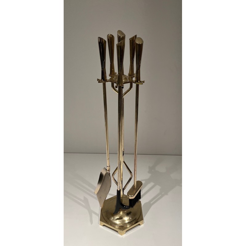 Modernist Brass Fireplace Tools Set, French Work, Circa 1970