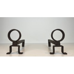 Pair of Modernist Wrought Iron Andirons, French Work in the Style of Jean Royère, Circa 1950