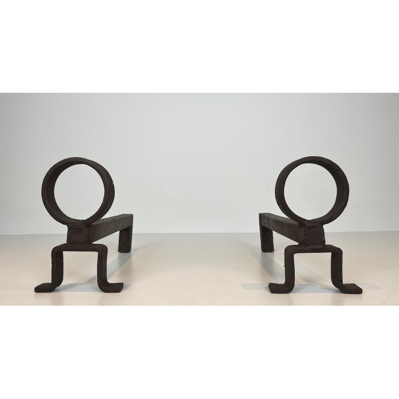 Pair of Modernist Wrought Iron Andirons, French Work in the Style of Jean Royère, Circa 1950