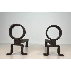Pair of Modernist Wrought Iron Andirons, French Work in the Style of Jean Royère, Circa 1950