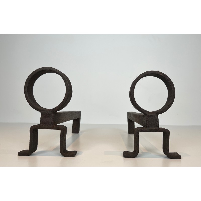 Pair of Modernist Wrought Iron Andirons, French Work in the Style of Jean Royère, Circa 1950