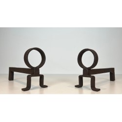 Pair of Modernist Wrought Iron Andirons, French Work in the Style of Jean Royère, Circa 1950