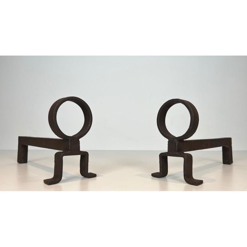 Pair of Modernist Wrought Iron Andirons, French Work in the Style of Jean Royère, Circa 1950