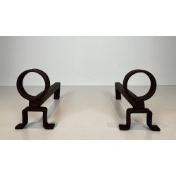 Pair of Modernist Wrought Iron Andirons, French Work in the Style of Jean Royère, Circa 1950