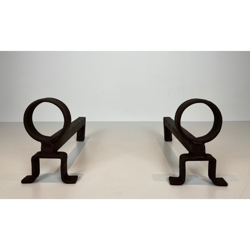Pair of Modernist Wrought Iron Andirons, French Work in the Style of Jean Royère, Circa 1950