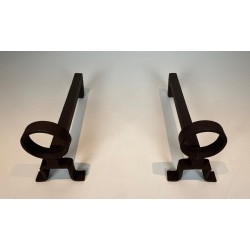 Pair of Modernist Wrought Iron Andirons, French Work in the Style of Jean Royère, Circa 1950