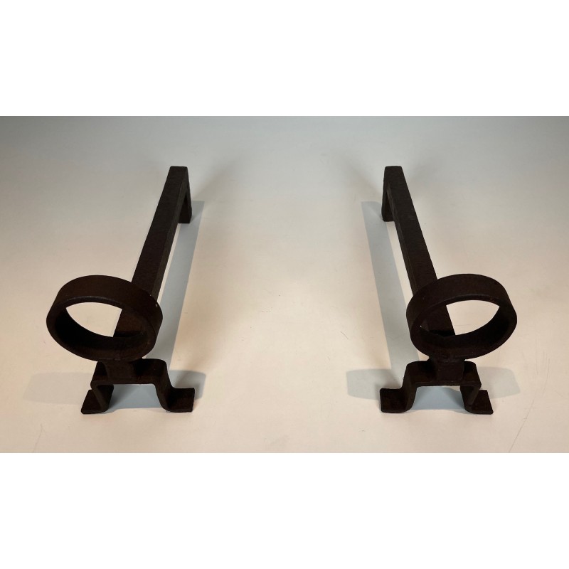 Pair of Modernist Wrought Iron Andirons, French Work in the Style of Jean Royère, Circa 1950