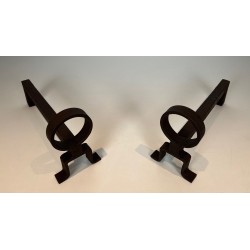 Pair of Modernist Wrought Iron Andirons, French Work in the Style of Jean Royère, Circa 1950