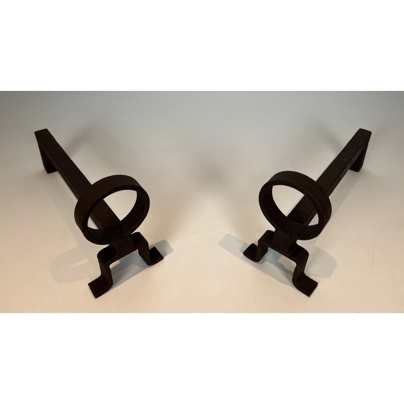 Pair of Modernist Wrought Iron Andirons, French Work in the Style of Jean Royère, Circa 1950