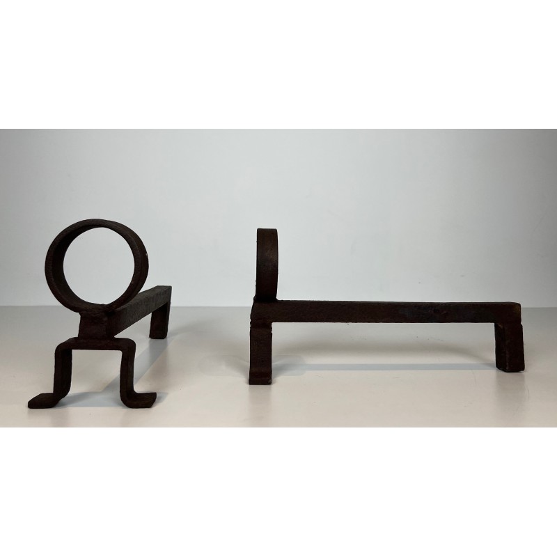 Pair of Modernist Wrought Iron Andirons, French Work in the Style of Jean Royère, Circa 1950