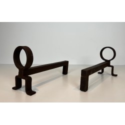 Pair of Modernist Wrought Iron Andirons, French Work in the Style of Jean Royère, Circa 1950