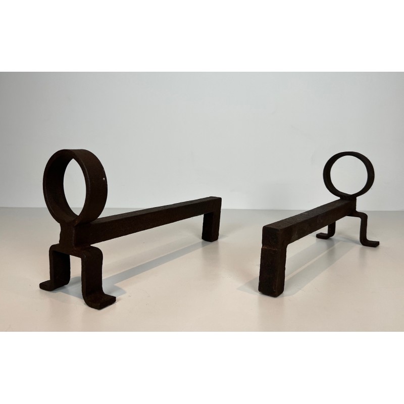 Pair of Modernist Wrought Iron Andirons, French Work in the Style of Jean Royère, Circa 1950