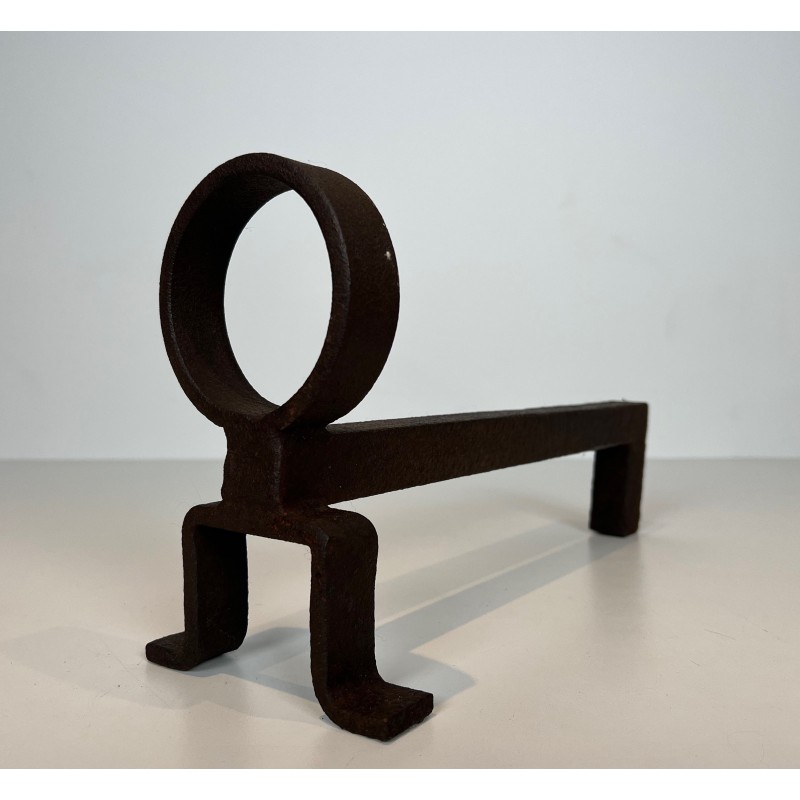 Pair of Modernist Wrought Iron Andirons, French Work in the Style of Jean Royère, Circa 1950