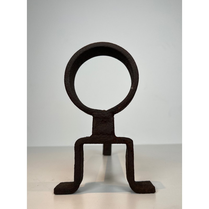 Pair of Modernist Wrought Iron Andirons, French Work in the Style of Jean Royère, Circa 1950
