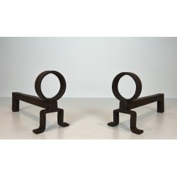 Pair of Modernist Wrought Iron Andirons, French Work in the Style of Jean Royère, Circa 1950